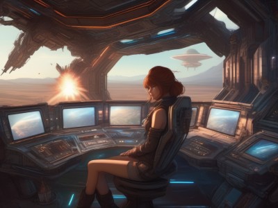 1girl,solo,short hair,brown hair,brown eyes,sitting,boots,detached sleeves,shorts,from side,chair,crossed legs,robot,scenery,mecha,science fiction,aircraft,computer,explosion,monitor,planet,spacecraft,cockpit,holographic interface,pilot,joystick,bare shoulders,red hair,mountain,realistic,sun