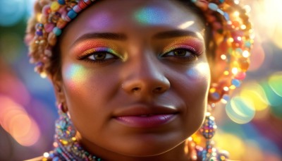 HQ,1girl,solo,looking at viewer,brown hair,hair ornament,brown eyes,jewelry,earrings,parted lips,dark skin,necklace,blurry,dark-skinned female,lips,eyelashes,makeup,depth of field,blurry background,portrait,close-up,lens flare,eyeshadow,freckles,beads,realistic,nose,bokeh,very dark skin,dreadlocks,smile,teeth,lipstick,mascara