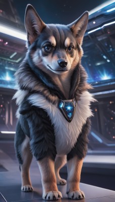 solo,looking at viewer,blue eyes,jewelry,standing,full body,signature,necklace,no humans,night,animal,cat,gem,pendant,reflection,dog,realistic,animal focus,closed mouth,artist name,indoors,watermark,web address,science fiction,crystal,white fur,blue gemstone