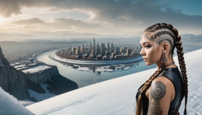 1girl,solo,long hair,breasts,blue eyes,brown hair,black hair,bare shoulders,jewelry,upper body,braid,earrings,outdoors,sky,sleeveless,cloud,water,necklace,twin braids,from side,lips,tattoo,profile,ocean,facial mark,sunlight,scenery,mountain,nose,arm tattoo,shoulder tattoo,river,landscape,lake,day,piercing,building,city,forehead mark,realistic,horizon,cityscape,facial tattoo