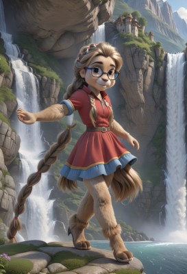 1girl,solo,long hair,breasts,looking at viewer,smile,brown hair,hair ornament,dress,animal ears,brown eyes,very long hair,closed mouth,standing,tail,full body,braid,flower,short sleeves,small breasts,outdoors,sky,glasses,day,belt,artist name,cloud,water,black eyes,twin braids,blue sky,watermark,red dress,grass,monster girl,furry,walking,black-framed eyewear,rock,mountain,round eyewear,furry female,absurdly long hair,body fur,river,waterfall,cliff,moss,animal feet,hooves,jewelry,barefoot,tree,thick eyebrows,web address,freckles,blue-framed eyewear