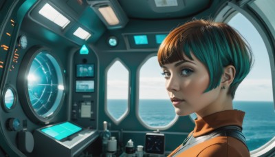 1girl,solo,looking at viewer,smile,short hair,bangs,blue eyes,brown hair,jewelry,upper body,multicolored hair,earrings,parted lips,artist name,water,from side,lips,aqua hair,makeup,ocean,watermark,lipstick,reflection,science fiction,realistic,nose,spacecraft,spacesuit,cockpit,sky,indoors,window,bob cut,bottle,portrait,scenery,horizon,space,planet,astronaut