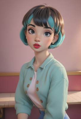 1girl,solo,breasts,looking at viewer,short hair,bangs,brown hair,shirt,black hair,long sleeves,jewelry,blue hair,jacket,white shirt,upper body,multicolored hair,earrings,parted lips,open clothes,teeth,pants,artist name,indoors,black eyes,two-tone hair,lips,eyelashes,aqua hair,makeup,buttons,thick eyebrows,cardigan,denim,lipstick,freckles,jeans,nose,unbuttoned,blue pants,red lips,stud earrings,blush,skirt,small breasts,collared shirt,blue skirt,streaked hair,watermark,web address,mascara