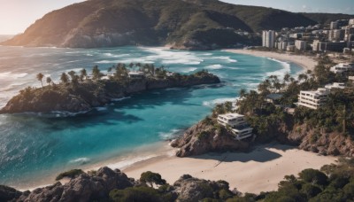 outdoors,sky,day,cloud,water,tree,no humans,ocean,beach,building,nature,scenery,rock,mountain,city,sand,palm tree,river,landscape,shore,ground vehicle,motor vehicle,watercraft,ruins,waves,desert,post-apocalypse