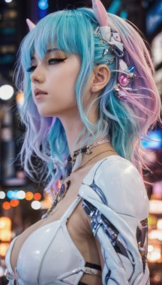 1girl,solo,breasts,short hair,open mouth,bangs,blue eyes,large breasts,hair ornament,cleavage,jewelry,medium breasts,blue hair,upper body,pink hair,multicolored hair,earrings,parted lips,horns,choker,artist name,medium hair,necklace,blurry,from side,two-tone hair,lips,gradient hair,depth of field,blurry background,headgear,piercing,science fiction,realistic,nose,mechanical arms,cyborg,cyberpunk,long hair,animal ears,swimsuit,closed eyes,sidelocks,bikini,hairband,signature,rabbit ears,eyelashes,aqua hair,skindentation,profile,makeup,night,fake animal ears,looking away,gem,eyeshadow,android,bokeh,city lights,mechanical ears