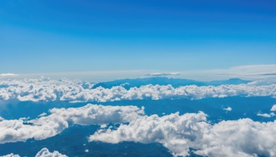 monochrome,outdoors,sky,day,cloud,water,blue sky,no humans,bird,ocean,cloudy sky,scenery,blue theme,horizon,landscape,above clouds