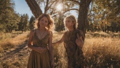 long hair,looking at viewer,smile,blue eyes,multiple girls,blonde hair,brown hair,dress,2girls,bare shoulders,brown eyes,jewelry,braid,outdoors,parted lips,sky,sleeveless,day,pointy ears,necklace,looking at another,tree,tattoo,sleeveless dress,holding hands,sunlight,grass,elf,nature,scenery,forest,green dress,realistic,1girl,1boy,holding,signature,medium hair,field,wheat