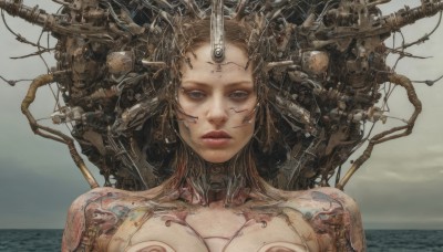 1girl,solo,long hair,looking at viewer,blue eyes,blonde hair,brown hair,upper body,outdoors,parted lips,horns,sky,cloud,water,lips,ocean,robot,portrait,science fiction,realistic,android,cable,cyborg,cyberpunk,mechanical parts,wire,grey eyes,headgear,expressionless,mecha,machinery,horizon,damaged,radio antenna