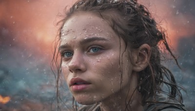 1girl,solo,long hair,looking at viewer,blue eyes,brown hair,black hair,outdoors,parted lips,teeth,blurry,lips,wet,depth of field,blurry background,messy hair,portrait,close-up,freckles,rain,realistic,nose,wet hair,eyelashes,wind