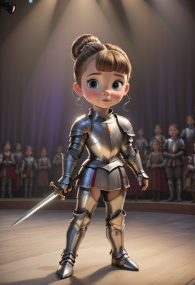 1girl,looking at viewer,blush,smile,short hair,blue eyes,brown hair,holding,closed mouth,standing,full body,weapon,boots,solo focus,sword,indoors,hair bun,holding weapon,armor,lips,holding sword,single hair bun,shoulder armor,gauntlets,child,6+boys,pauldrons,breastplate,female child,armored boots,greaves,faulds,knight,full armor,spotlight,chainmail,plate armor,solo,bangs,hair ornament,gloves,multiple boys,stage