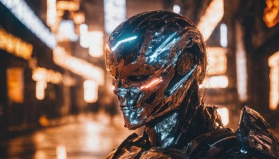 solo,1boy,upper body,male focus,armor,blurry,blurry background,glowing,helmet,robot,portrait,science fiction,realistic,alien,power armor,power suit,shiny,from side,no humans,profile,depth of field,mecha,glowing eyes,close-up,smoke,damaged,cyberpunk