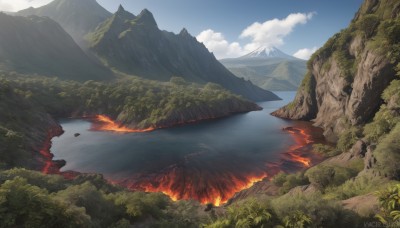 outdoors,sky,day,cloud,water,tree,blue sky,no humans,cloudy sky,grass,fire,nature,scenery,forest,rock,mountain,river,landscape,mountainous horizon,lake,artist name,watermark,molten rock