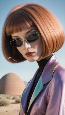 1girl,solo,looking at viewer,short hair,bangs,brown hair,shirt,brown eyes,jacket,upper body,outdoors,parted lips,sky,day,artist name,blunt bangs,blurry,blue sky,lips,makeup,blurry background,turtleneck,watermark,sunglasses,bob cut,lipstick,realistic,nose,sand,red lips,purple jacket,desert,blue eyes,teeth,from side,eyelashes,backlighting,shade