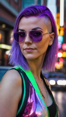 1girl,solo,breasts,looking at viewer,smile,short hair,jewelry,closed mouth,upper body,purple hair,earrings,sleeveless,medium hair,necklace,blurry,lips,makeup,blurry background,watermark,piercing,sunglasses,tank top,lipstick,web address,eyeshadow,asymmetrical hair,realistic,nose,stud earrings,eyeliner,undercut,tinted eyewear,purple lips,mascara,purple-tinted eyewear,bare shoulders,artist name,dark skin,vest,dark-skinned female,thick eyebrows,forehead