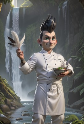 solo,looking at viewer,smile,black hair,long sleeves,1boy,holding,green eyes,standing,male focus,outdoors,food,pants,water,apron,buttons,feathers,plant,nature,waist apron,wading,forest,bowl,rock,white pants,male child,mushroom,hair slicked back,waterfall,holding bowl,mohawk,quill,chef,artist name,tattoo,leaf,watermark,facial mark,undercut,tomato,chef hat,steak