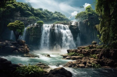 PREMIUM,outdoors,sky,day,cloud,water,tree,blue sky,no humans,bird,sunlight,nature,scenery,forest,rock,mountain,river,waterfall,landscape,cliff,moss,hat,flying,crow