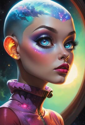 1girl,solo,looking at viewer,short hair,blue eyes,jewelry,blue hair,upper body,earrings,parted lips,artist name,star (symbol),lips,eyelashes,makeup,watermark,lipstick,portrait,star (sky),eyeshadow,zipper,starry sky,science fiction,realistic,nose,red lips,eyeliner,space,very short hair,planet,mascara,spacesuit,eye focus,blush,dark skin,symbol-shaped pupils