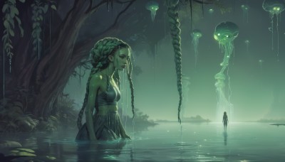 1girl,solo,long hair,breasts,dress,bare shoulders,jewelry,medium breasts,very long hair,standing,braid,earrings,outdoors,green hair,midriff,water,necklace,twin braids,tree,lips,wet,glowing,leaf,plant,nature,scenery,wading,forest,partially submerged,rain,fantasy,giant,mushroom,green theme,fog,green eyes,sky,sleeveless,looking at another,black dress,from side,bare arms,night,facial mark,wet clothes,reflection,lake,fireflies