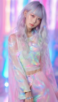 1girl,solo,long hair,breasts,looking at viewer,bangs,blue eyes,shirt,long sleeves,jewelry,closed mouth,standing,grey hair,cowboy shot,earrings,choker,midriff,pants,dark skin,blunt bangs,necklace,nail polish,blurry,bracelet,dark-skinned female,lips,head tilt,see-through,grey eyes,makeup,blurry background,wavy hair,piercing,ring,ear piercing,realistic,white hair,artist name,fashion