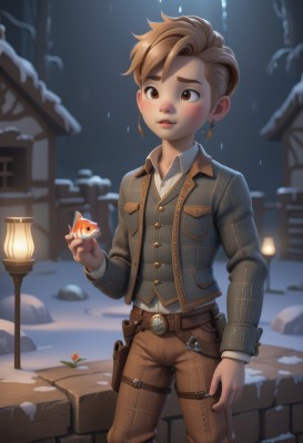 1girl,solo,blush,short hair,brown hair,shirt,long sleeves,1boy,brown eyes,jewelry,standing,jacket,white shirt,flower,male focus,earrings,outdoors,parted lips,collared shirt,belt,pants,artist name,vest,lips,night,buttons,animal,thick eyebrows,snow,androgynous,freckles,fish,pouch,lantern,snowing,holster,leather,brown pants,holding animal,tomboy,goldfish,weapon,blurry,gun,blurry background,watermark,child,handgun,male child