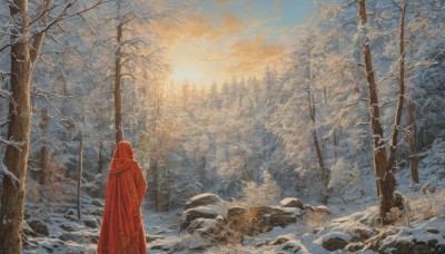 solo,1boy,standing,weapon,male focus,outdoors,sky,cloud,hood,from behind,cape,tree,nature,scenery,cloak,snow,hood up,forest,sunset,rock,mountain,facing away,winter,hooded cloak,bare tree,orange sky,red cloak,1other,snowing,red cape,wide shot,landscape,ambiguous gender,red hood