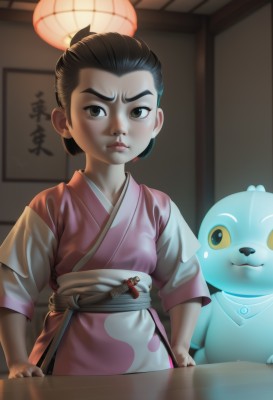 1girl,short hair,brown hair,black hair,brown eyes,closed mouth,weapon,japanese clothes,sword,indoors,kimono,blurry,black eyes,lips,looking to the side,sash,blurry background,sheath,child,sheathed,lantern,realistic,nose,female child,pink kimono,topknot,traditional youkai,looking at viewer,blue eyes,1boy,hair bun,looking at another,apron,single hair bun,aged down,knife,serious,paper lantern