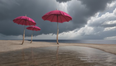 outdoors,sky,day,cloud,signature,water,blue sky,no humans,shadow,ocean,umbrella,beach,cloudy sky,scenery,reflection,sand,horizon,beach umbrella,shore,1girl,solo