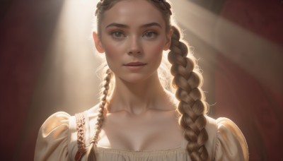 1girl,solo,long hair,breasts,looking at viewer,brown hair,dress,cleavage,brown eyes,medium breasts,closed mouth,collarbone,upper body,braid,puffy sleeves,white dress,blurry,twin braids,lips,eyelashes,single braid,sunlight,curtains,portrait,hair over shoulder,forehead,backlighting,realistic,nose,smile,parted lips,artist name,freckles