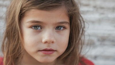 1girl,solo,long hair,looking at viewer,brown hair,brown eyes,parted lips,blurry,lips,grey eyes,depth of field,blurry background,portrait,close-up,realistic,nose,blonde hair,closed mouth,eyelashes,expressionless