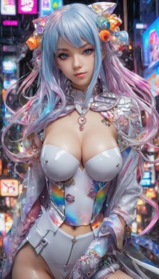 1girl,solo,long hair,breasts,looking at viewer,bangs,blue eyes,large breasts,hair ornament,gloves,navel,cleavage,jewelry,sitting,blue hair,pink hair,multicolored hair,cowboy shot,parted lips,shiny,blurry,two-tone hair,leotard,lips,shiny skin,clothing cutout,bodysuit,gradient hair,makeup,blurry background,headgear,watermark,science fiction,realistic,nose,white leotard,navel cutout,city lights,cyberpunk,medium breasts