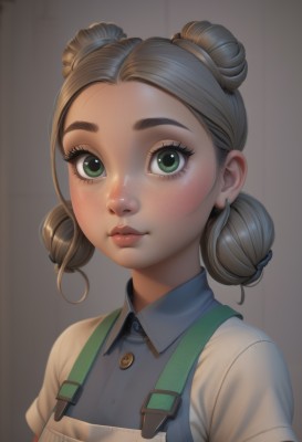 1girl,solo,looking at viewer,smile,short hair,simple background,brown hair,shirt,jewelry,closed mouth,green eyes,white shirt,upper body,short sleeves,grey hair,earrings,collared shirt,artist name,grey background,hair bun,lips,eyelashes,double bun,buttons,suspenders,wing collar,freckles,realistic,nose,female child,stud earrings,overalls,blush,bangs,thick eyebrows,blue shirt,portrait