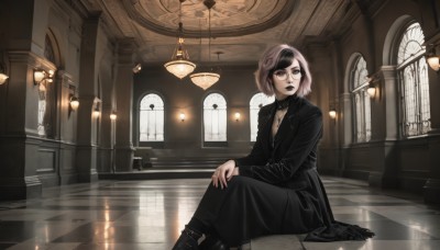 1girl,solo,looking at viewer,short hair,bangs,skirt,brown hair,shirt,black hair,long sleeves,dress,jewelry,sitting,closed mouth,jacket,pink hair,multicolored hair,boots,glasses,indoors,necklace,nail polish,black footwear,black eyes,black dress,two-tone hair,black jacket,window,makeup,formal,lipstick,black nails,reflection,black-framed eyewear,black coat,stairs,round eyewear,on floor,clock,tiles,leather,tile floor,gothic,church,black lips,reflective floor,brown eyes,parted lips,choker,pants,swept bangs,black pants,crossed legs,cross,red lips,cross necklace,hand on own knee,arch