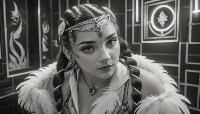 1girl,solo,long hair,looking at viewer,bangs,hair ornament,bare shoulders,jewelry,closed mouth,collarbone,monochrome,upper body,braid,greyscale,earrings,dark skin,necklace,twin braids,dark-skinned female,lips,fur trim,eyelashes,feathers,gem,portrait,spot color,circlet,multiple braids,cleavage,feather hair ornament