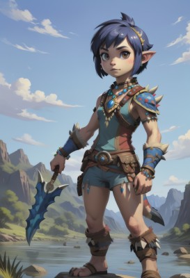 1girl,solo,looking at viewer,blush,short hair,black hair,1boy,holding,brown eyes,jewelry,closed mouth,blue hair,standing,full body,yellow eyes,weapon,male focus,hairband,earrings,outdoors,sky,shorts,sleeveless,choker,day,pointy ears,belt,sword,cloud,water,necklace,holding weapon,armor,flat chest,bracelet,blue sky,short shorts,holding sword,sandals,thick eyebrows,cloudy sky,knife,shoulder armor,pauldrons,mountain,fantasy,holding knife,dagger,tomboy,smile,tail,polearm,spear,rock,male child