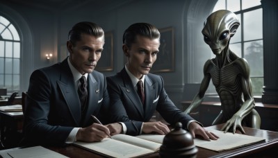 blue eyes,black hair,jacket,male focus,multiple boys,necktie,indoors,2boys,book,window,facial hair,formal,3boys,suit,black necktie,desk,science fiction,paper,realistic,mustache,pen,lamp,candle,bald,alien,writing,looking at viewer,shirt,long sleeves,holding,sitting,white shirt,collared shirt,signature,dark skin,colored skin,table,red necktie,pencil,black suit,office