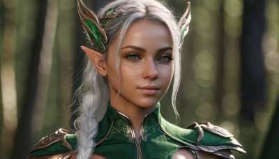 1girl,solo,long hair,looking at viewer,hair ornament,closed mouth,green eyes,braid,white hair,pointy ears,armor,blurry,lips,single braid,depth of field,blurry background,elf,portrait,freckles,realistic,nose,smile,blue eyes,artist name,eyelashes,shoulder armor,nature,close-up,forehead,forest,green dress,pauldrons