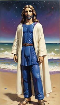 solo,long hair,looking at viewer,brown hair,1boy,brown eyes,jewelry,standing,full body,male focus,outdoors,sky,belt,water,night,facial hair,ocean,beach,sandals,star (sky),beard,starry sky,robe,realistic,mustache,sand,manly,animification,hair ornament,teeth,pants,bracelet,blue shirt,night sky,blue pants