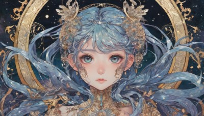 1girl,solo,long hair,looking at viewer,bangs,blue eyes,hair ornament,jewelry,blue hair,earrings,parted lips,aqua eyes,lips,eyelashes,floating hair,expressionless,gem,portrait,star (sky),straight-on,gold,flower,hair flower,crown,black background,freckles