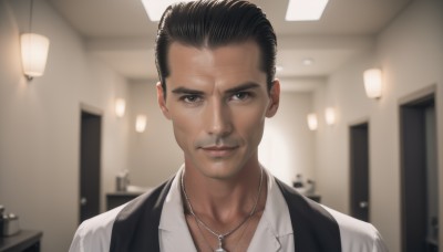 solo,looking at viewer,short hair,shirt,black hair,1boy,brown eyes,jewelry,closed mouth,white shirt,upper body,male focus,collared shirt,indoors,dark skin,necklace,blurry,black eyes,vest,lips,blurry background,dark-skinned male,portrait,black vest,realistic,lamp,smile,grey eyes,facial hair