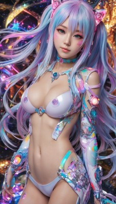 1girl,solo,long hair,breasts,looking at viewer,smile,bangs,blue eyes,gloves,navel,animal ears,cleavage,twintails,jewelry,medium breasts,underwear,blue hair,standing,panties,swimsuit,pink hair,bikini,multicolored hair,cowboy shot,detached sleeves,choker,elbow gloves,fingerless gloves,stomach,nail polish,bra,collar,two-tone hair,two side up,lips,grey eyes,gradient hair,makeup,fake animal ears,headgear,white bikini,facial mark,revealing clothes,blue nails,realistic,animal ear headphones,cat ear headphones,mechanical ears,large breasts,closed mouth,purple hair,artist name,cat ears,watermark,bridal gauntlets,web address,eyeshadow,pink lips,nose