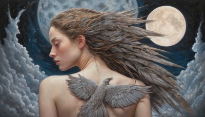 1girl,solo,long hair,brown hair,closed eyes,upper body,nude,parted lips,wings,sky,cloud,signature,from behind,lips,profile,night,bird,back,moon,cloudy sky,feathers,star (sky),night sky,feathered wings,full moon,starry sky,freckles,realistic,moonlight,blonde hair,hair ornament,brown eyes,closed mouth,tattoo,nose