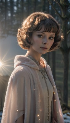 1girl,solo,looking at viewer,short hair,bangs,brown hair,dress,brown eyes,jewelry,closed mouth,upper body,outdoors,day,artist name,hood,necklace,blurry,black eyes,tree,lips,fur trim,depth of field,blurry background,watermark,sunlight,cloak,snow,backlighting,freckles,curly hair,realistic,nose,winter,breasts,blue eyes,earrings,parted lips,cape,white dress,from side,looking to the side,eyelashes,snowing