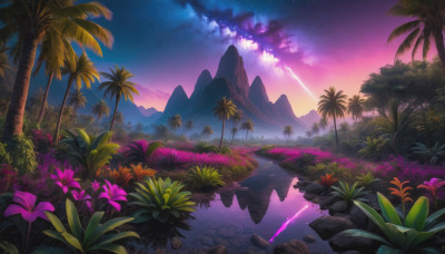 flower, outdoors, sky, cloud, water, tree, no humans, night, star (sky), nature, night sky, scenery, starry sky, reflection, sunset, rock, mountain, palm tree, shooting star