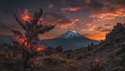 outdoors, sky, cloud, tree, no humans, night, fire, star (sky), nature, scenery, starry sky, mountain, landscape, molten rock