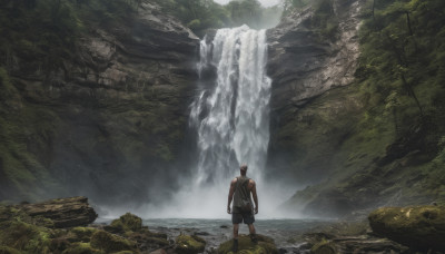 solo, 1boy, male focus, outdoors, shorts, water, from behind, nature, scenery, forest, waterfall