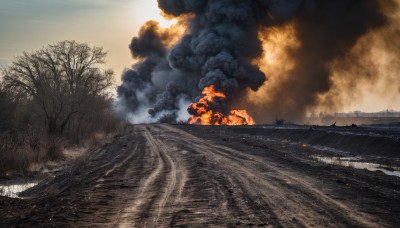 outdoors,sky,cloud,water,tree,military,no humans,fire,ground vehicle,scenery,motor vehicle,smoke,military vehicle,watercraft,explosion,burning,ocean,cloudy sky,bare tree