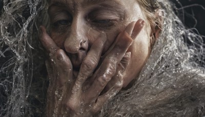 1girl,solo,long hair,looking at viewer,blonde hair,1boy,male focus,water,fingernails,1other,realistic,giant,black eyes,portrait,close-up,hands on own face