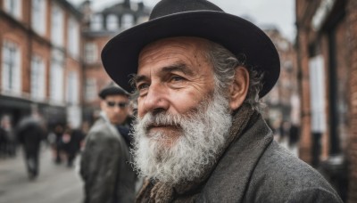 looking at viewer,1boy,hat,jacket,upper body,white hair,grey hair,male focus,outdoors,multiple boys,solo focus,day,blurry,black headwear,depth of field,blurry background,facial hair,building,portrait,beard,realistic,mustache,bald,old,old man,crowd,people,smile,closed mouth,mole,lips,coat,grey eyes,manly,wrinkled skin