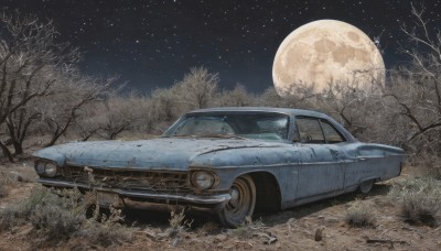 outdoors,sky,tree,no humans,night,moon,grass,ground vehicle,star (sky),nature,night sky,scenery,motor vehicle,full moon,forest,starry sky,realistic,car,vehicle focus,bare tree,traditional media