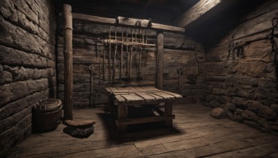 monochrome,weapon,no humans,scenery,stairs,wall,ruins,brown theme,barrel,treasure chest,crate,wood,shadow,sunlight,light rays,rock,watercraft,ship,boat,stone